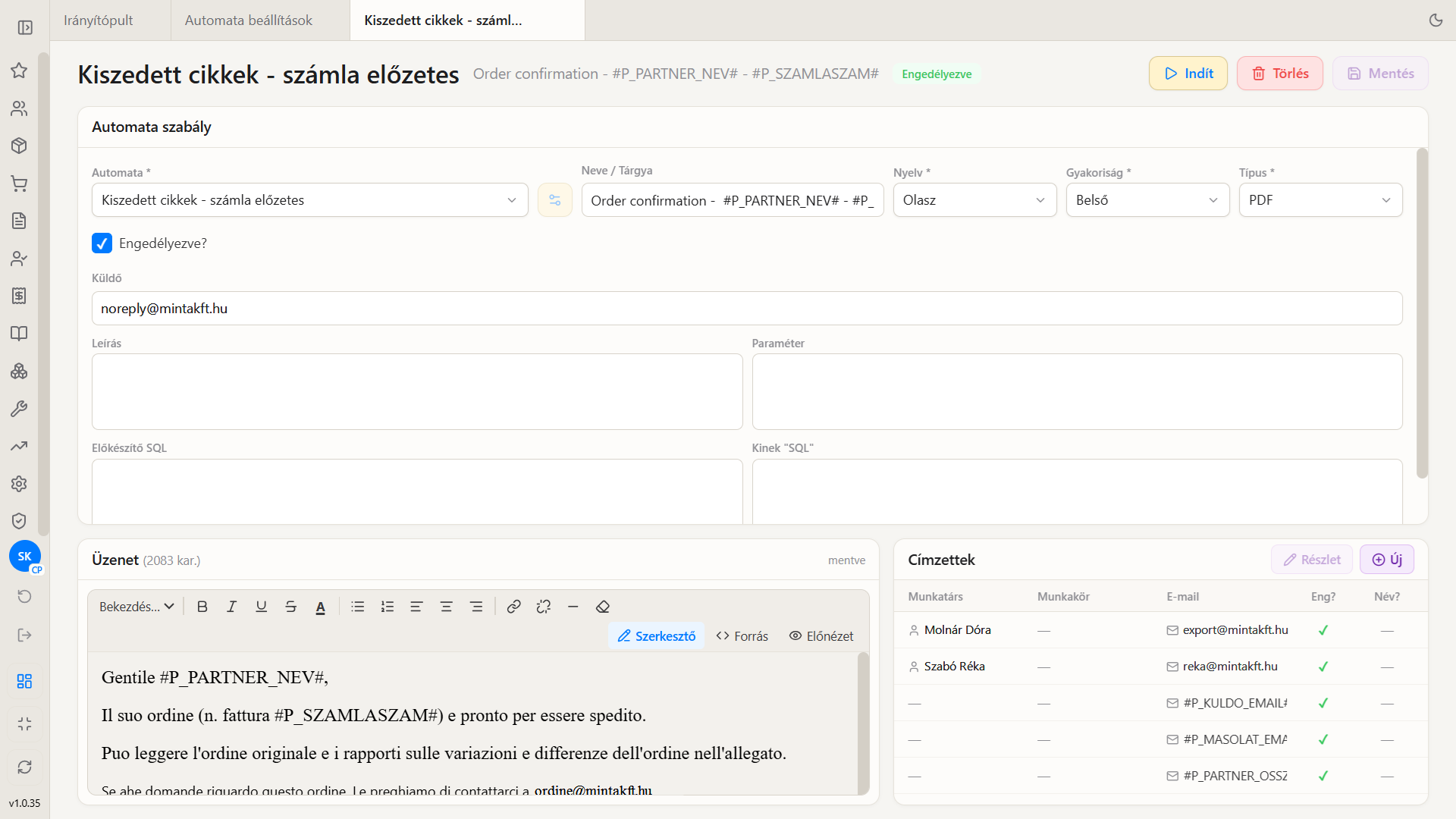 Automata e-mail beállítás képernyő